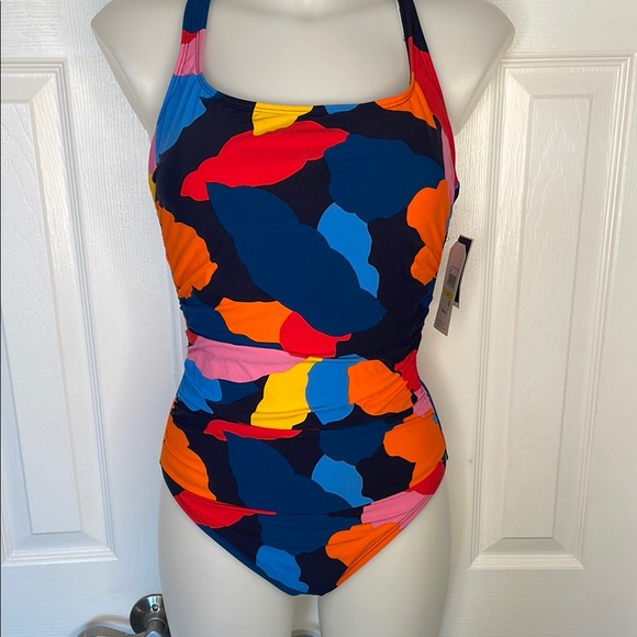 NAUTICA SWIM MULTI COLORFUL ABSTRACT TUMMY CONTROL ONE PIECE SWIM SUIT SIZE MED